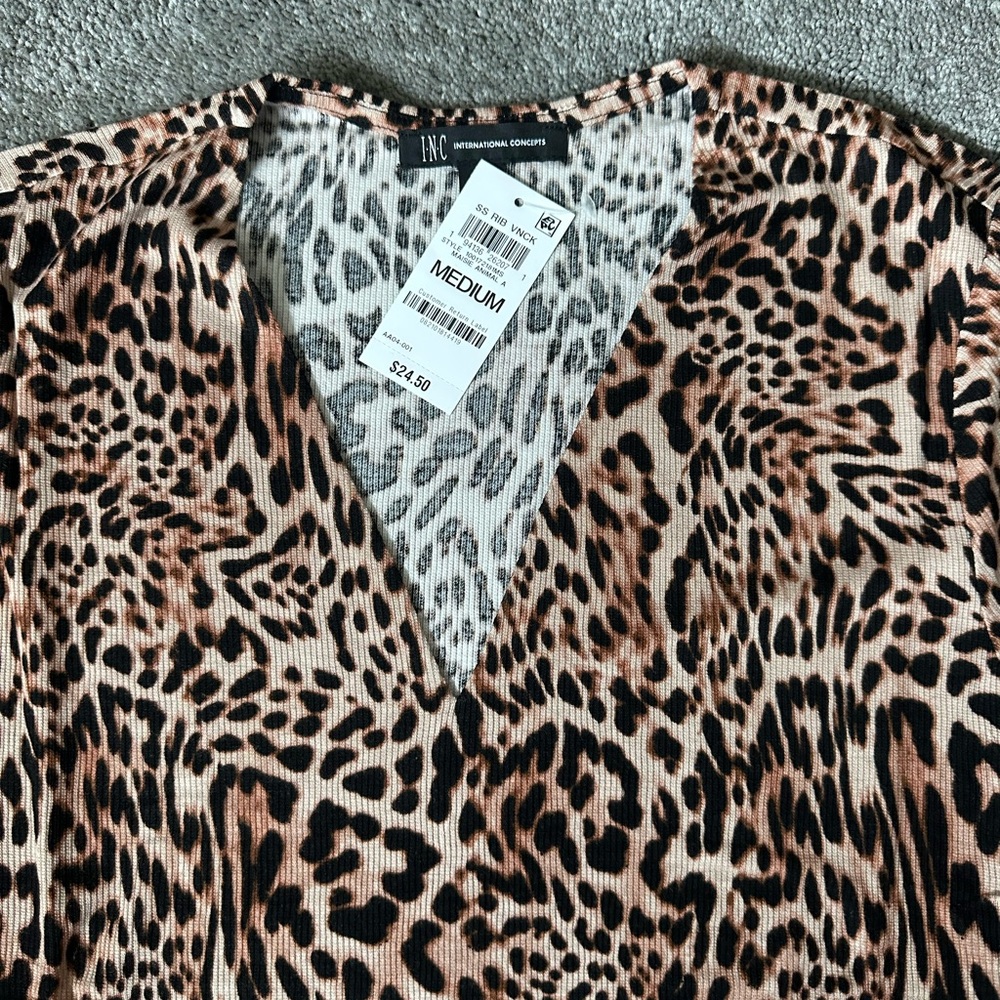 INC International Concepts Tan and Brown V-Neck Blouse